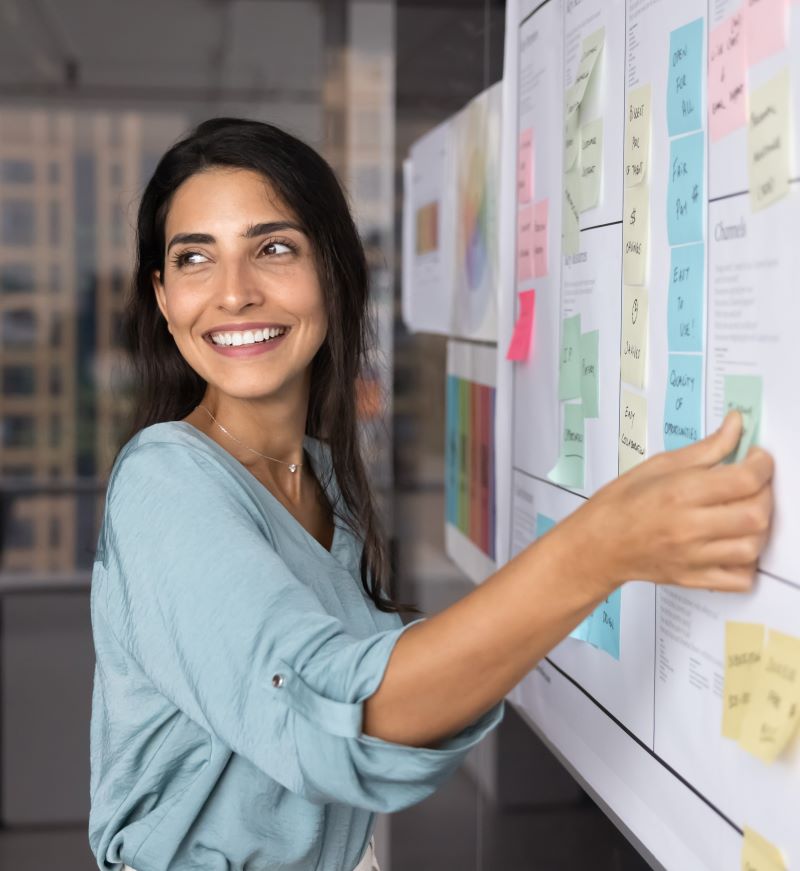 Woman creating a roadmap plan with sticky notes 